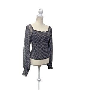 Anthropologie Rouen Top Black Gray Smocked Balloon Sleeve Blouse Medium Boho